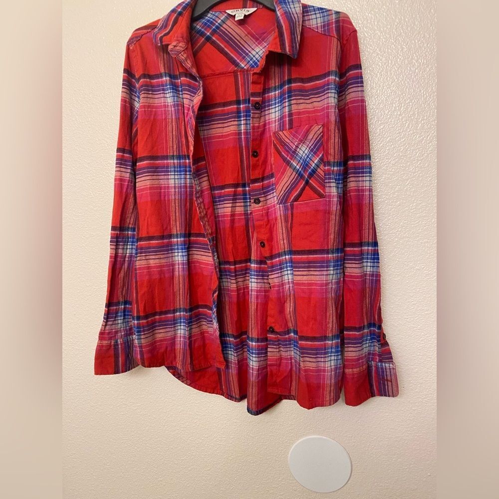 Orvis red white Blue Striped Plaid Button Up Shirt long sleeve woman’s M